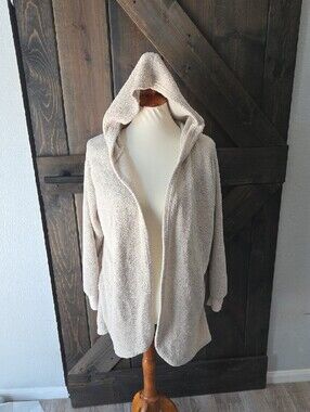 Cozy Hooded Fleece Cardigan Sweater in Cream Medium